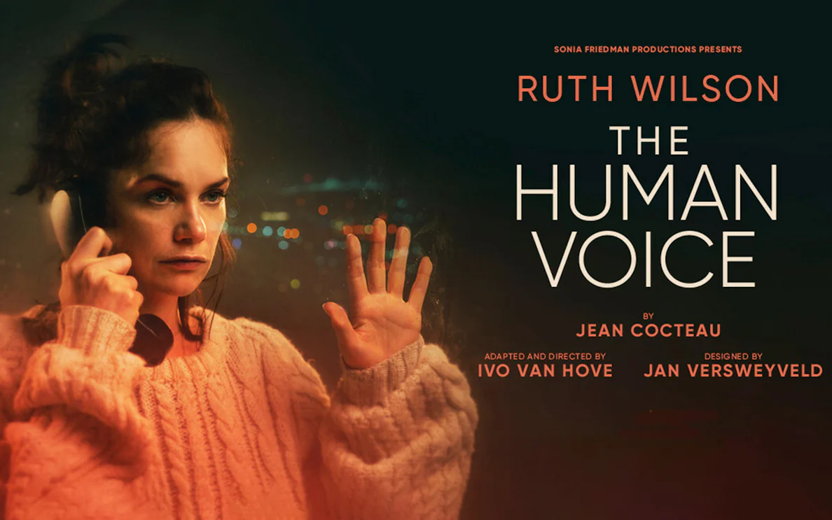 Woman on phone with city lights in background, promoting "The Human Voice" by Jean Cocteau.