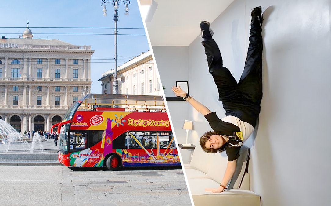 Open-top sightseeing bus in Genoa and a person doing a handstand indoors.
