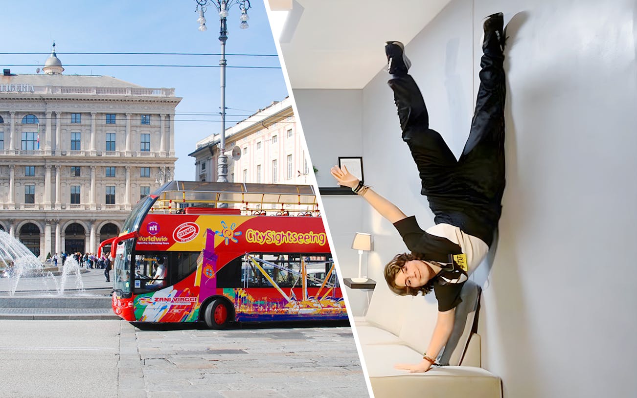 Open-top sightseeing bus in Genoa and a person doing a handstand indoors.