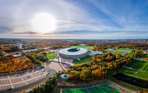 Aerial view of Olympiastadion Berlin surrounded by autumn trees and cityscape.