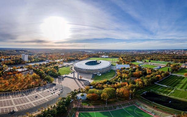 Aerial view of Olympiastadion Berlin, Germany, showcasing the iconic stadium architecture.