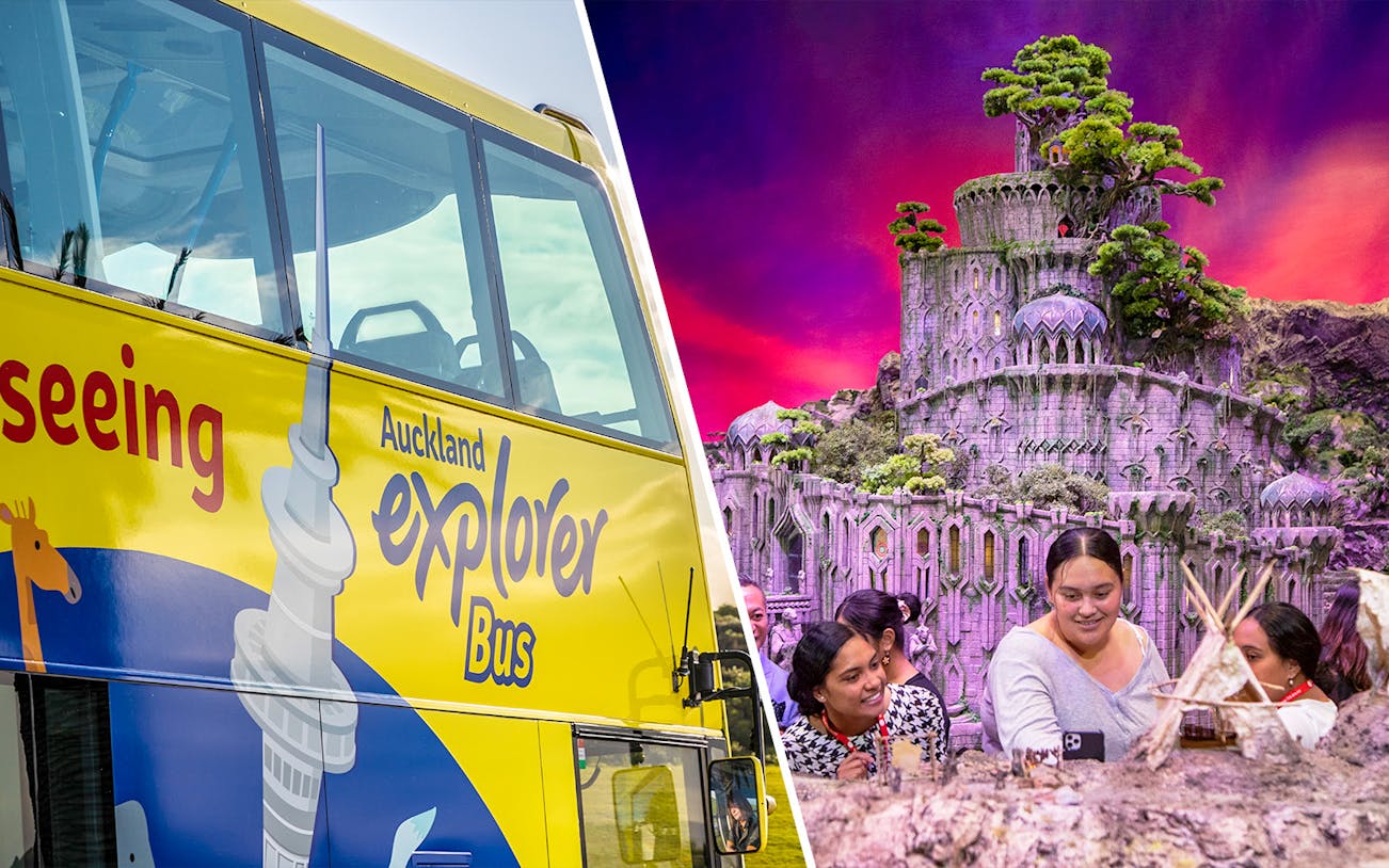 Auckland Explorer Bus and visitors at Weta Workshop Unleashed exhibit.