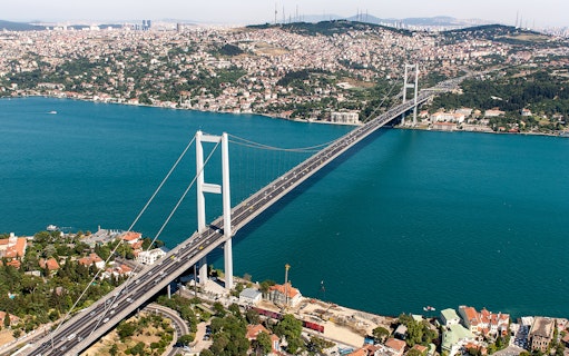 Aerial view of the Bosphorus Bridge spanning the Bosphorus Strait in Istanbul, Turkey.
