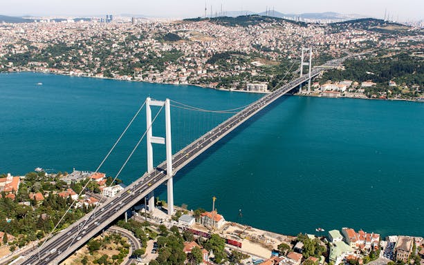 Aerial view of the Bosphorus Bridge spanning the Bosphorus Strait in Istanbul, Turkey.