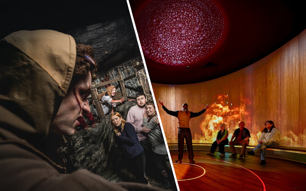 Cannibal clan actors and visitors at Edinburgh Dungeon exhibit.