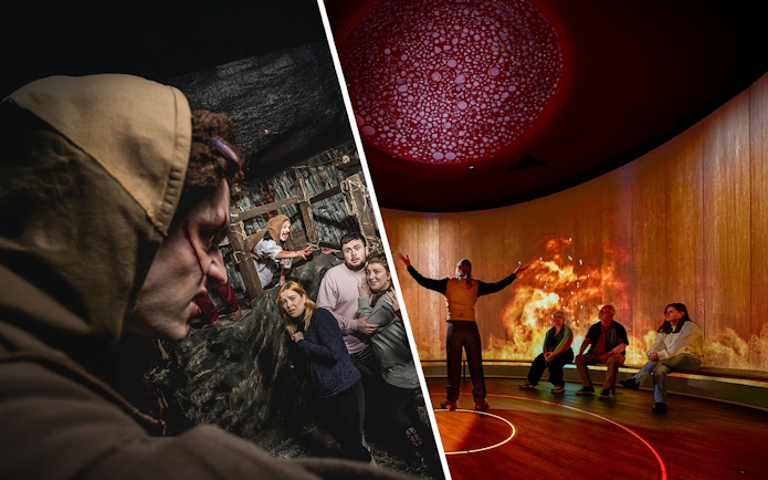 Cannibal clan actors and visitors at Edinburgh Dungeon exhibit.