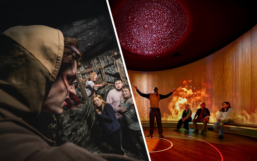 Cannibal clan actors and visitors at Edinburgh Dungeon exhibit.