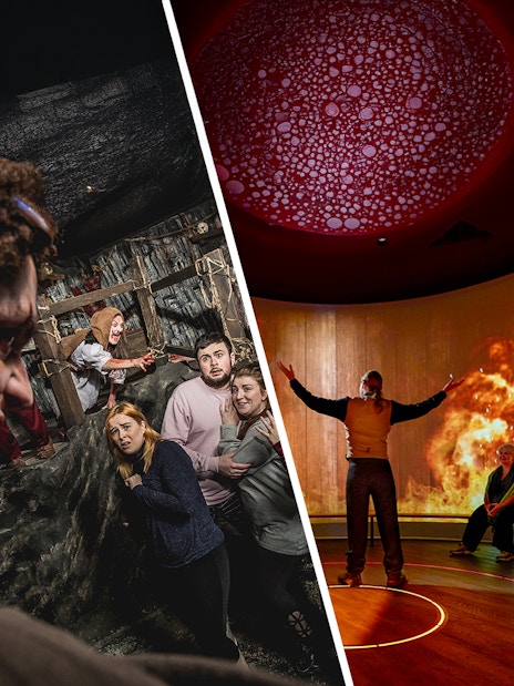 Cannibal clan actors and visitors at Edinburgh Dungeon exhibit.