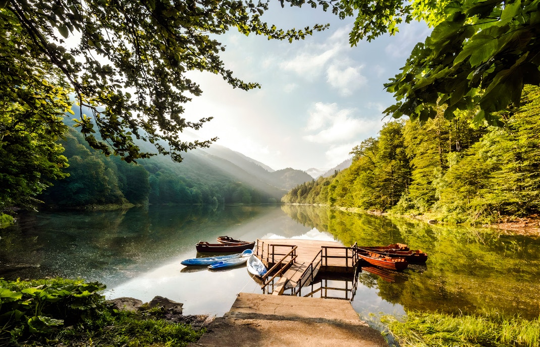Dock with boats on Biogradsko Lake in Biogradska Gora National Park, surrounded by lush forest.