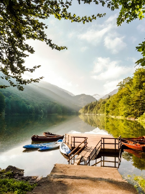 Dock with boats on Biogradsko Lake in Biogradska Gora National Park, surrounded by lush forest.