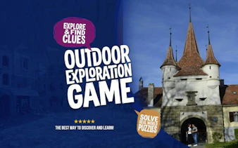 Outdoor exploration game poster with a couple at Catherine's Gate, Brasov.