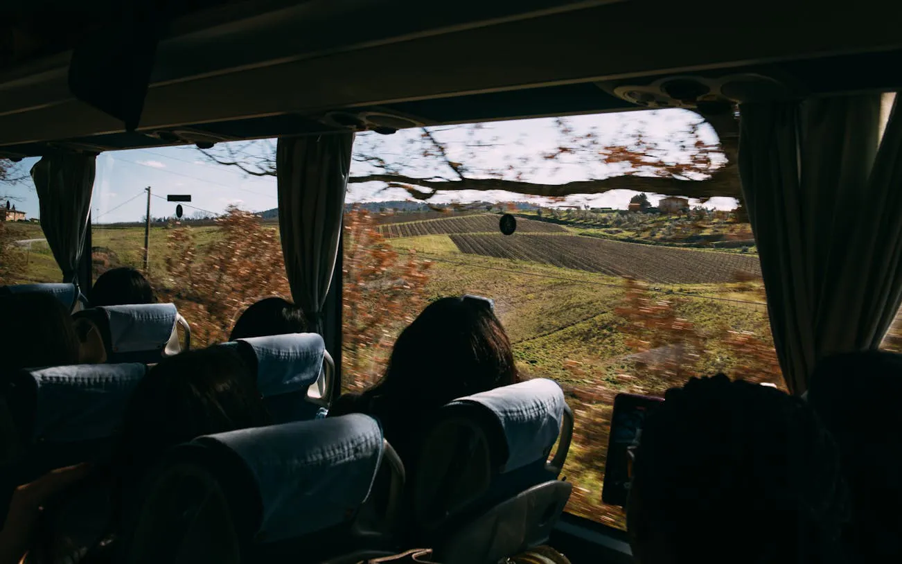 Bus view of Chianti vineyards during half-day tour from Florence.
