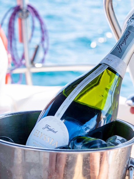 Champagne bottle in ice bucket on sailboat during Magic Sailing Experience.