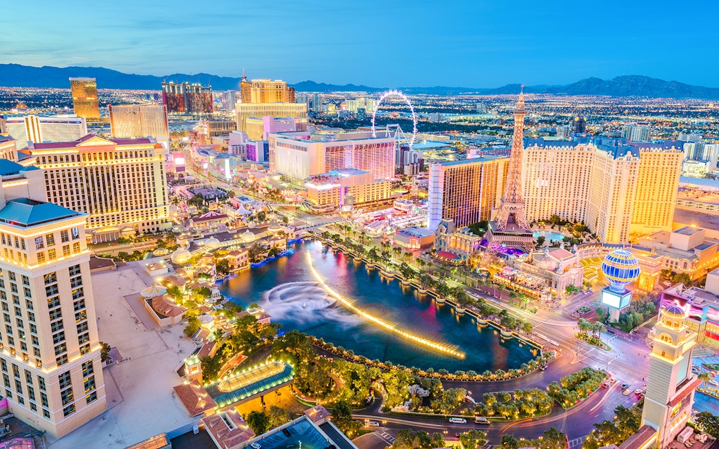 Las Vegas Strip skyline with hotels and fountains, Nevada.