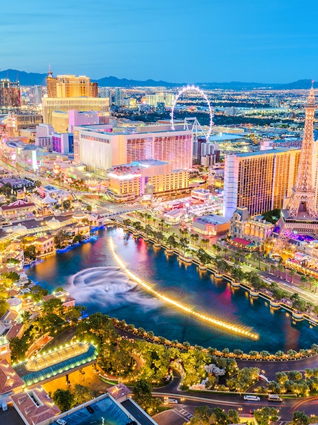 Las Vegas Strip skyline with hotels and fountains, Nevada.