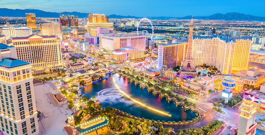 Las Vegas Strip skyline with hotels and fountains, Nevada.