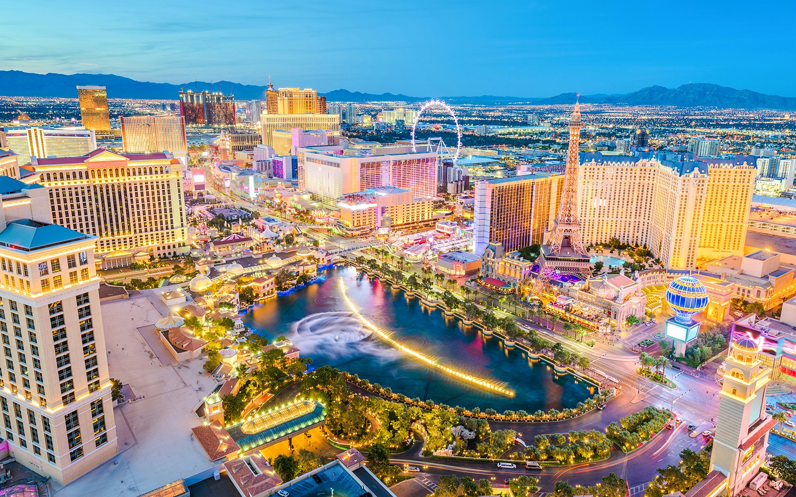 Las Vegas Strip skyline with hotels and fountains, Nevada.