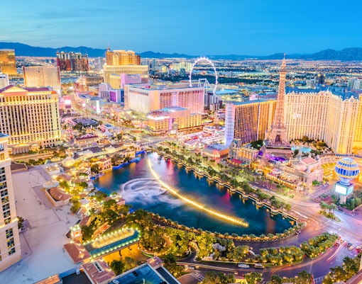 Las Vegas Strip skyline with hotels and fountains, Nevada.