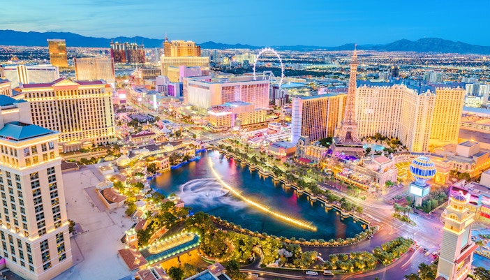Las Vegas Strip skyline with hotels and fountains, Nevada.