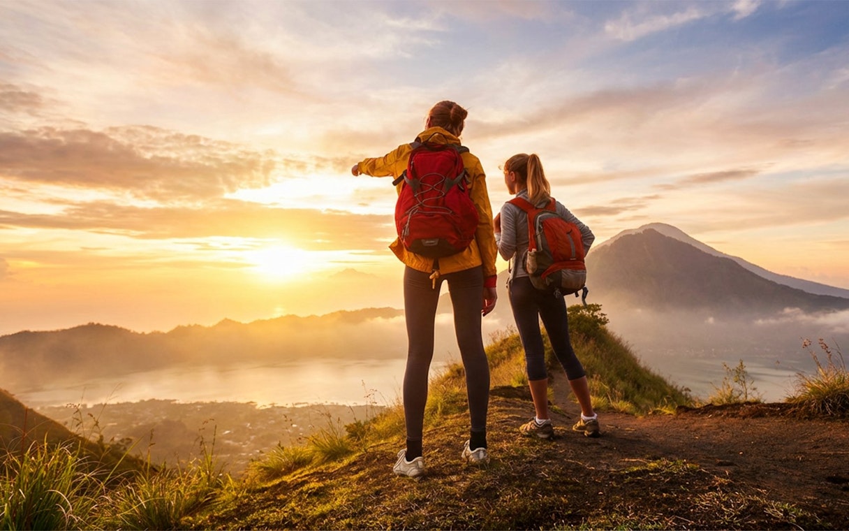Hikers overlooking sunrise at Mount Batur, Bali.