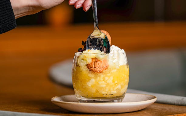 Dessert being served at Flora Danica on the Champs Elysées, Paris.