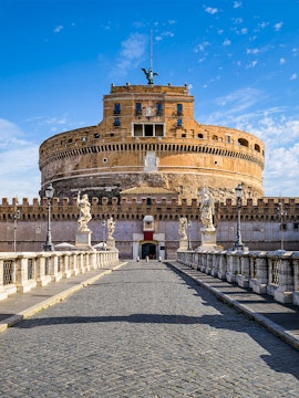 Saint Angel Castle with statues on the bridge, Rome, Italy.