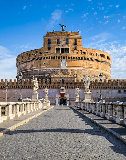Saint Angel Castle with statues on the bridge, Rome, Italy.