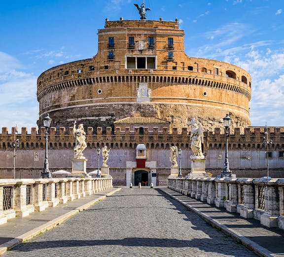 Saint Angel Castle with statues on the bridge, Rome, Italy.