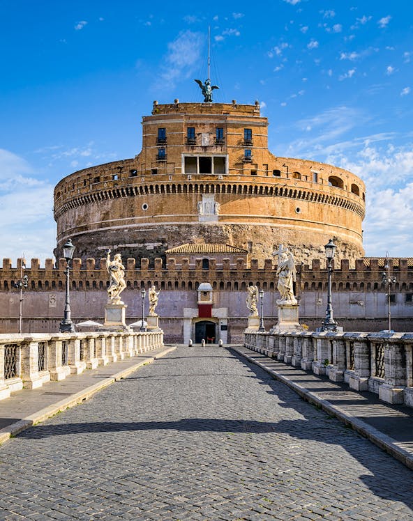Saint Angel Castle with statues on the bridge, Rome, Italy.