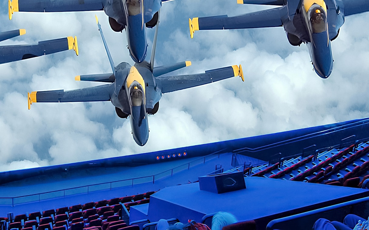 Aircraft display at Technik Museum Speyer with jets flying over a theater.