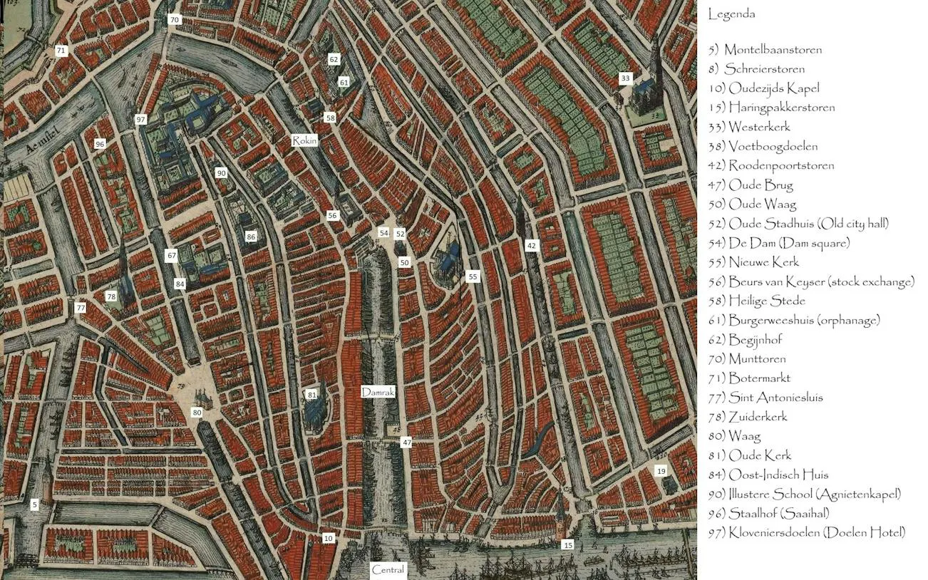 Historic map of Amsterdam highlighting landmarks for Rembrandt's Lost Painting self-guided city exploration game.