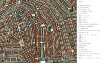 Historic map of Amsterdam highlighting landmarks for Rembrandt's Lost Painting self-guided city exploration game.