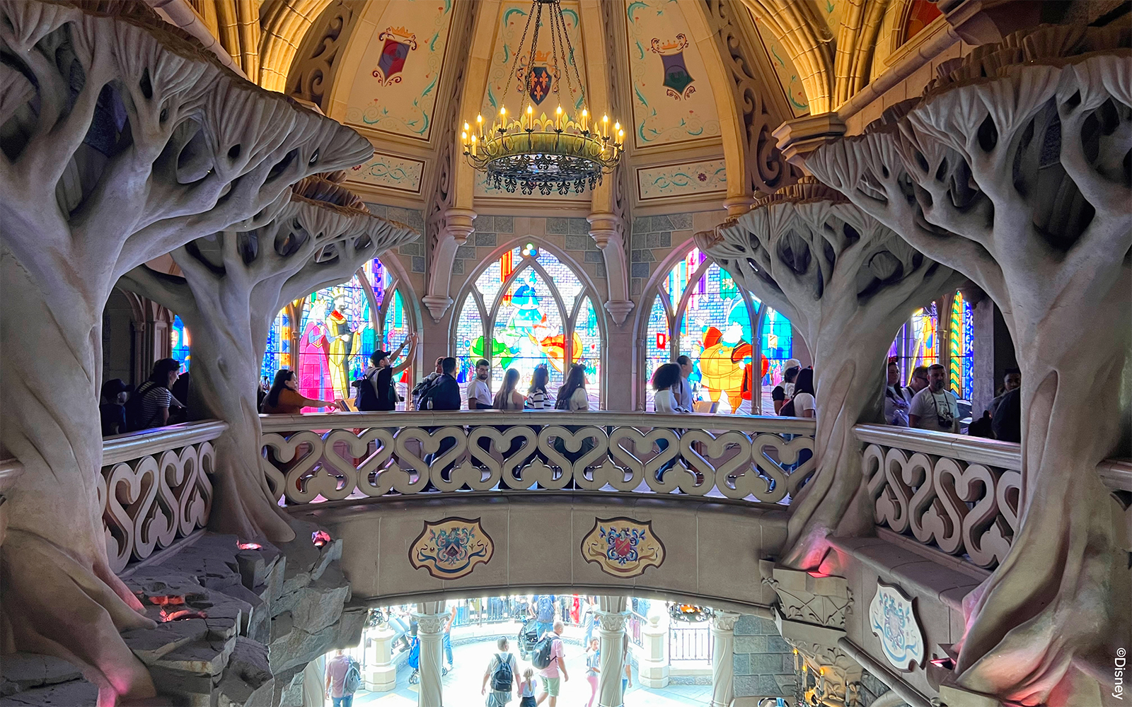 Stained glass windows inside Sleeping Beauty's Castle at Disneyland Paris.