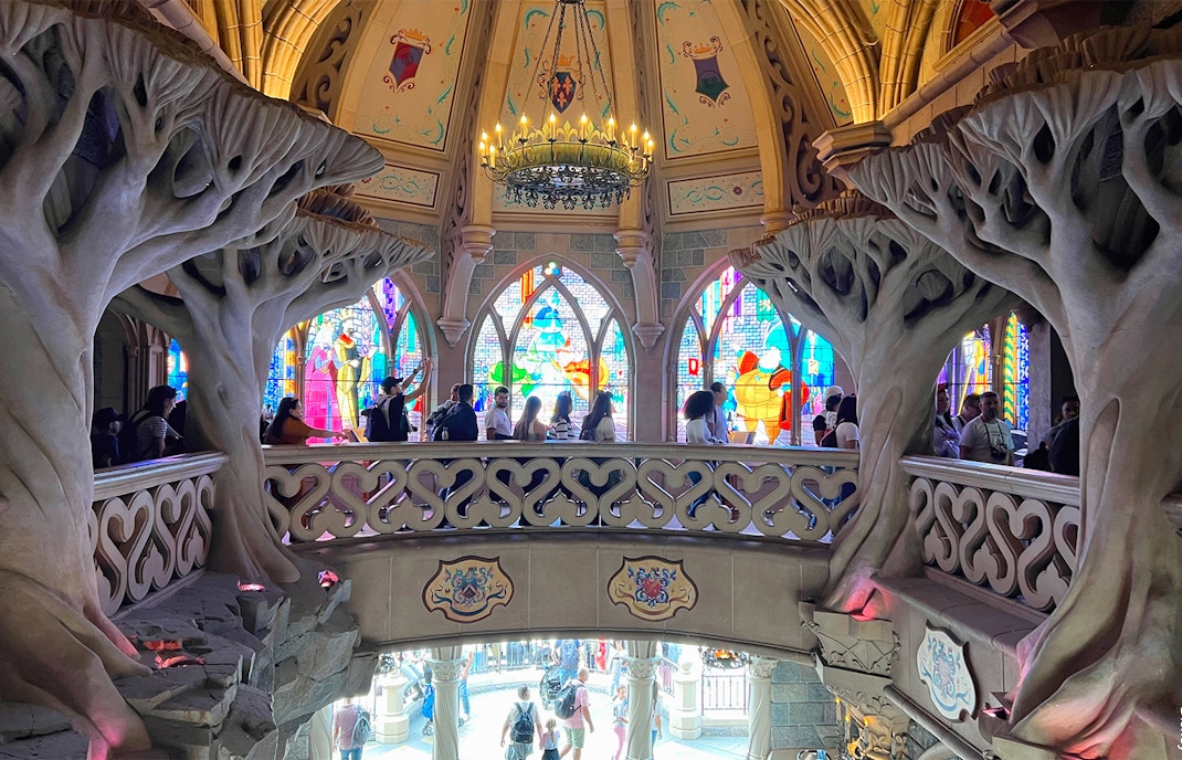 Stained glass windows inside Sleeping Beauty's Castle at Disneyland Paris.