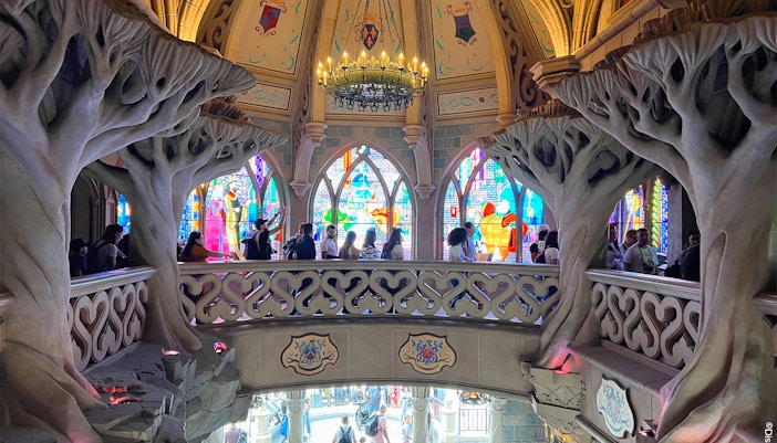 Stained glass windows inside Sleeping Beauty's Castle at Disneyland Paris.
