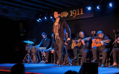 Tablao Flamenco 1911 show with dancer and musicians performing on stage.