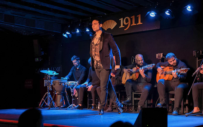 Tablao Flamenco 1911 show with dancer and musicians performing on stage.
