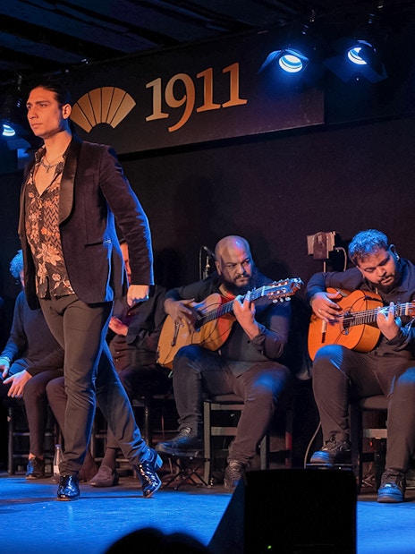 Tablao Flamenco 1911 show with dancer and musicians performing on stage.