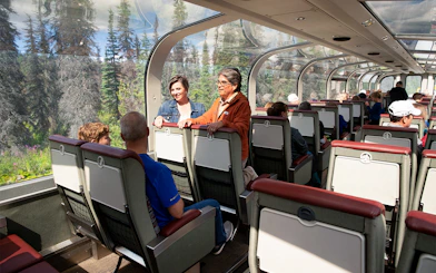 Passengers enjoying scenic views on the Alaska Railroad train with glass-domed windows.