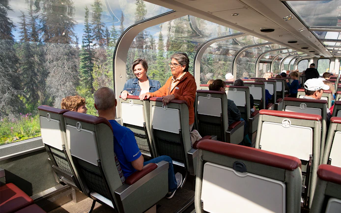 Passengers enjoying scenic views on the Alaska Railroad train with glass-domed windows.