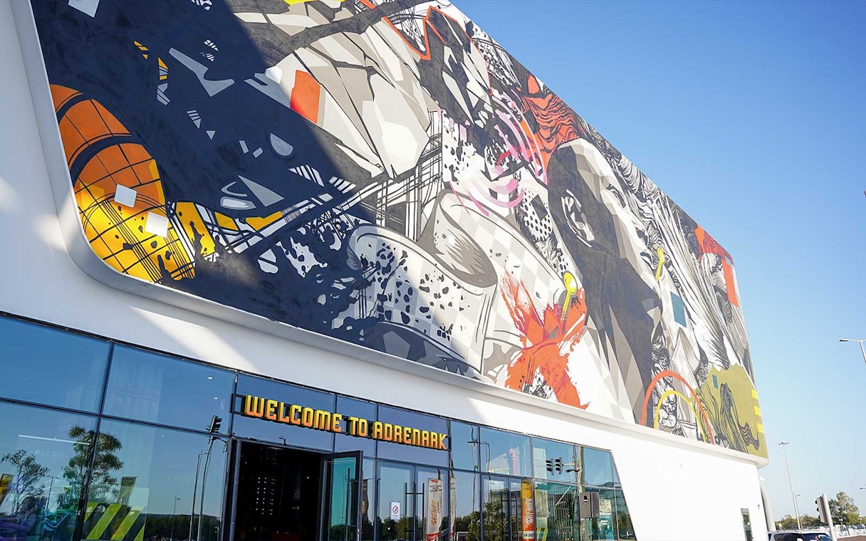 Colorful mural on the exterior of Adrenark, Al Qana, Abu Dhabi.