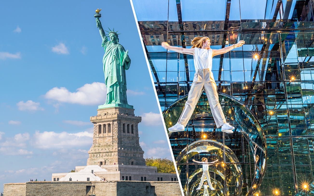 Statue of Liberty and person at SUMMIT One Vanderbilt in New York City.