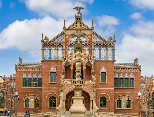 Hospital de la Santa Creu i Sant Pau facade with intricate Art Nouveau architecture in Barcelona, Spain.