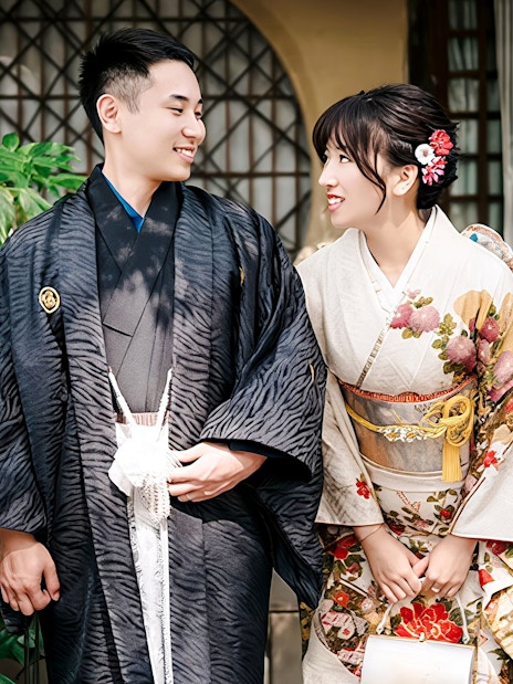 Couple in traditional kimono posing in a Japanese garden.