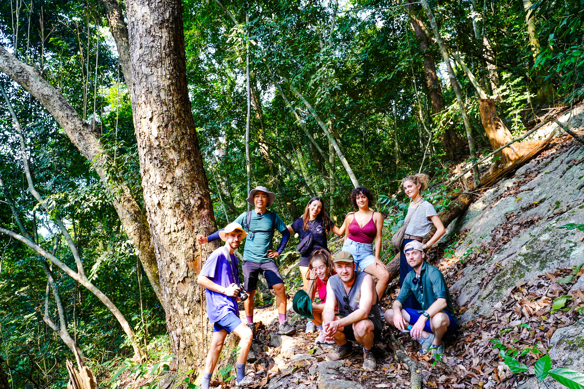 Group hiking in Ba Be National Park, Vietnam, during a 3-day nature escape from Hanoi.