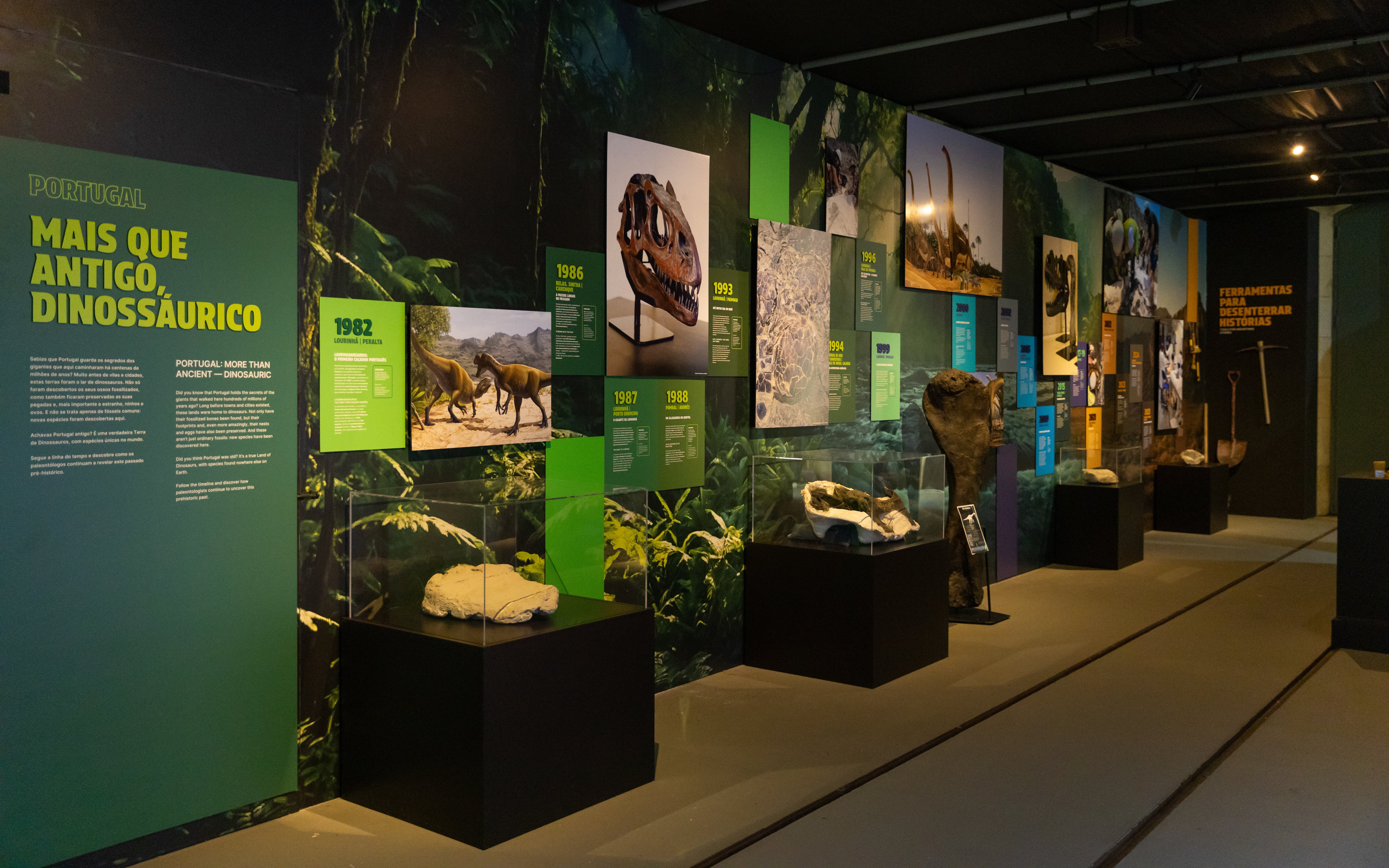 Interior exhibits of Immersive Dinosaur Exhibition at Dino Experience Porto displaying fossils and information panels.