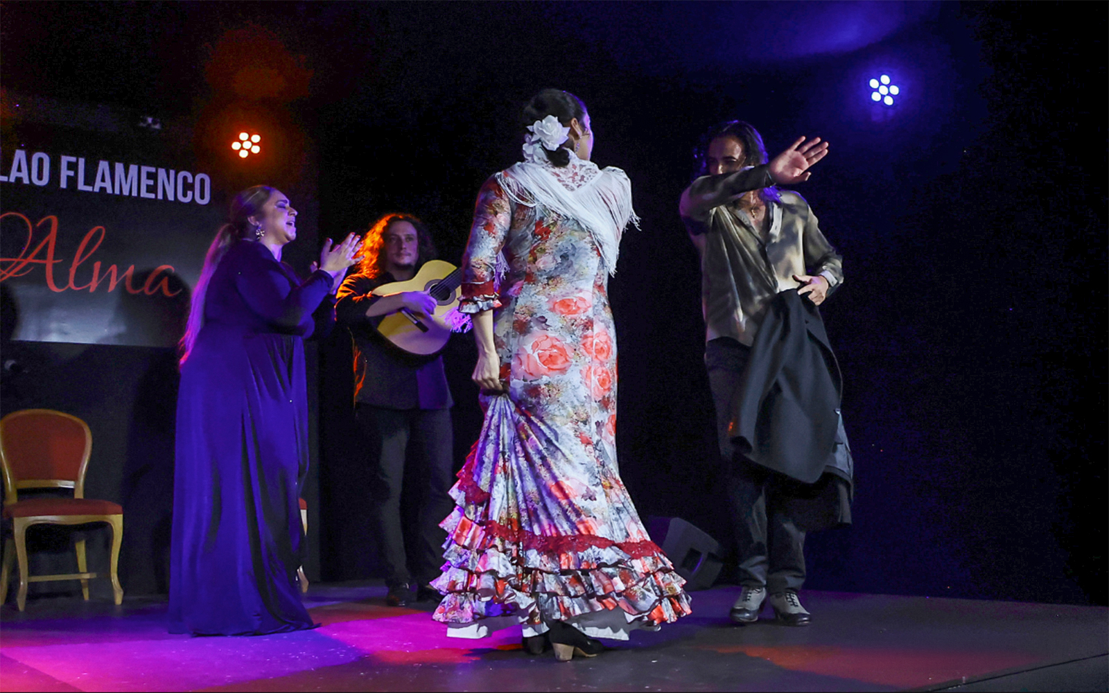 Flamenco dancers and musicians performing at Tablao Flamenco Alma.
