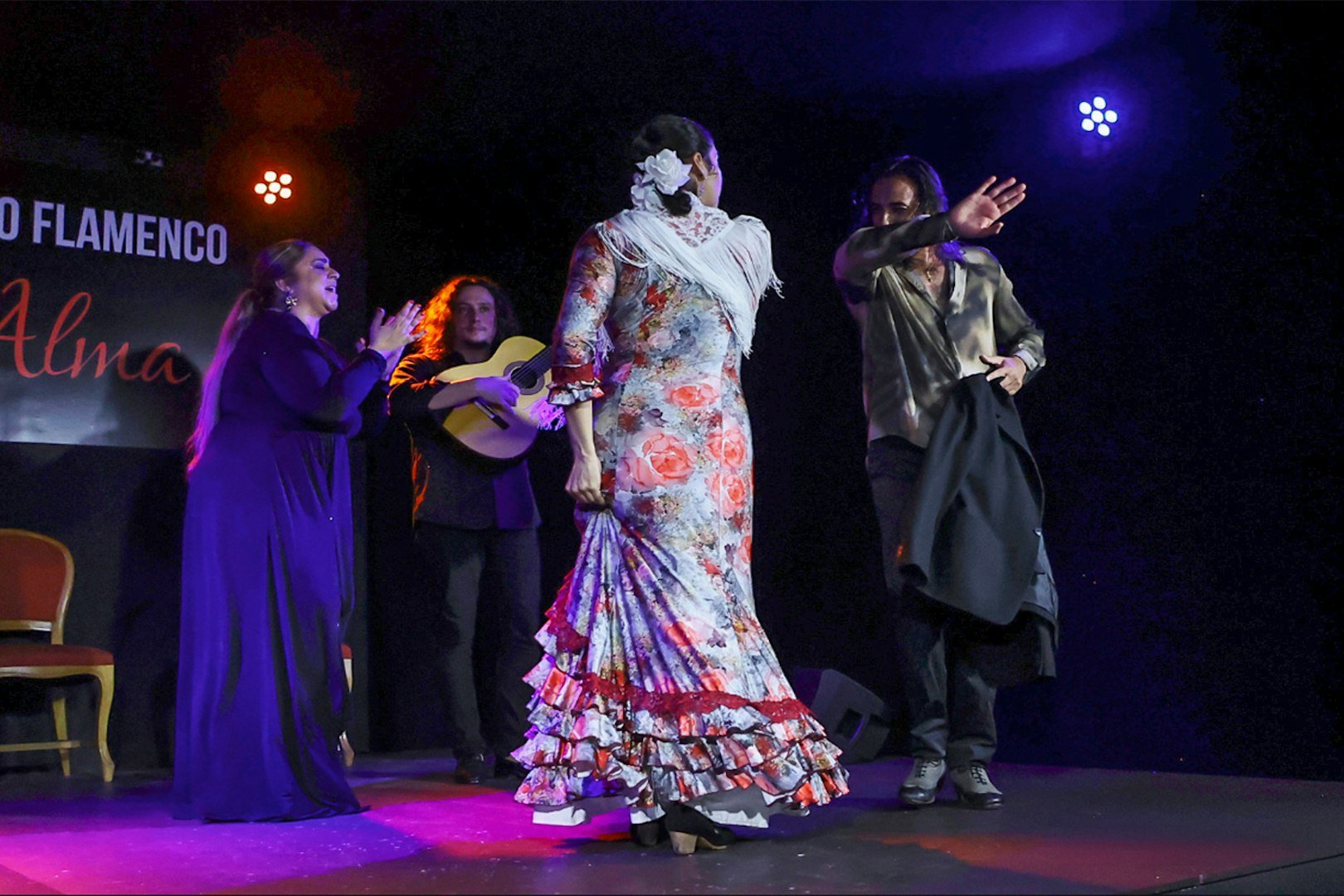 Flamenco dancers and musicians performing at Tablao Flamenco Alma.