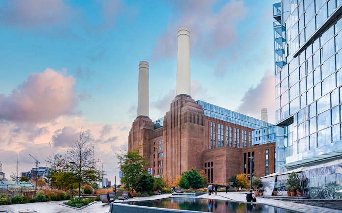 Battersea Power Station with Lift 109, London, against a cloudy sky.