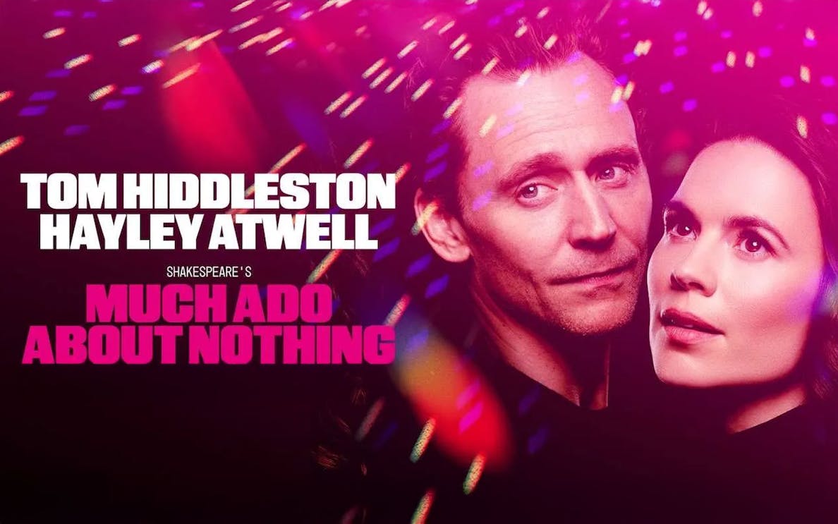 Promotional poster for Shakespeare's "Much Ado About Nothing" featuring two actors.